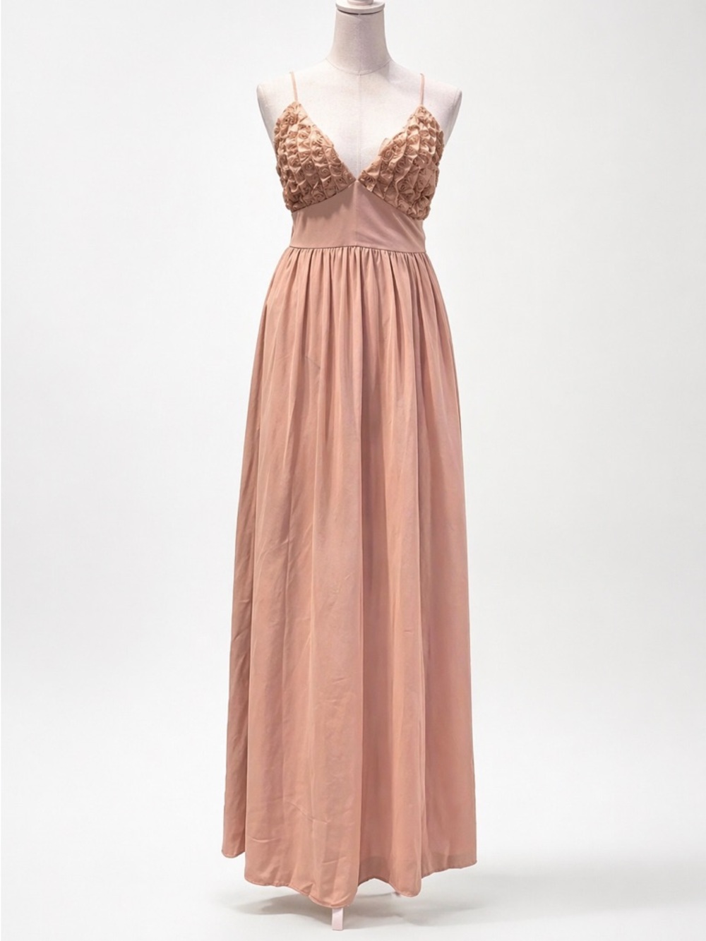 Privy Tan Taupe Maxi Dress Boho Formal V-Neck Flowy Evening Wedding Guest Size M